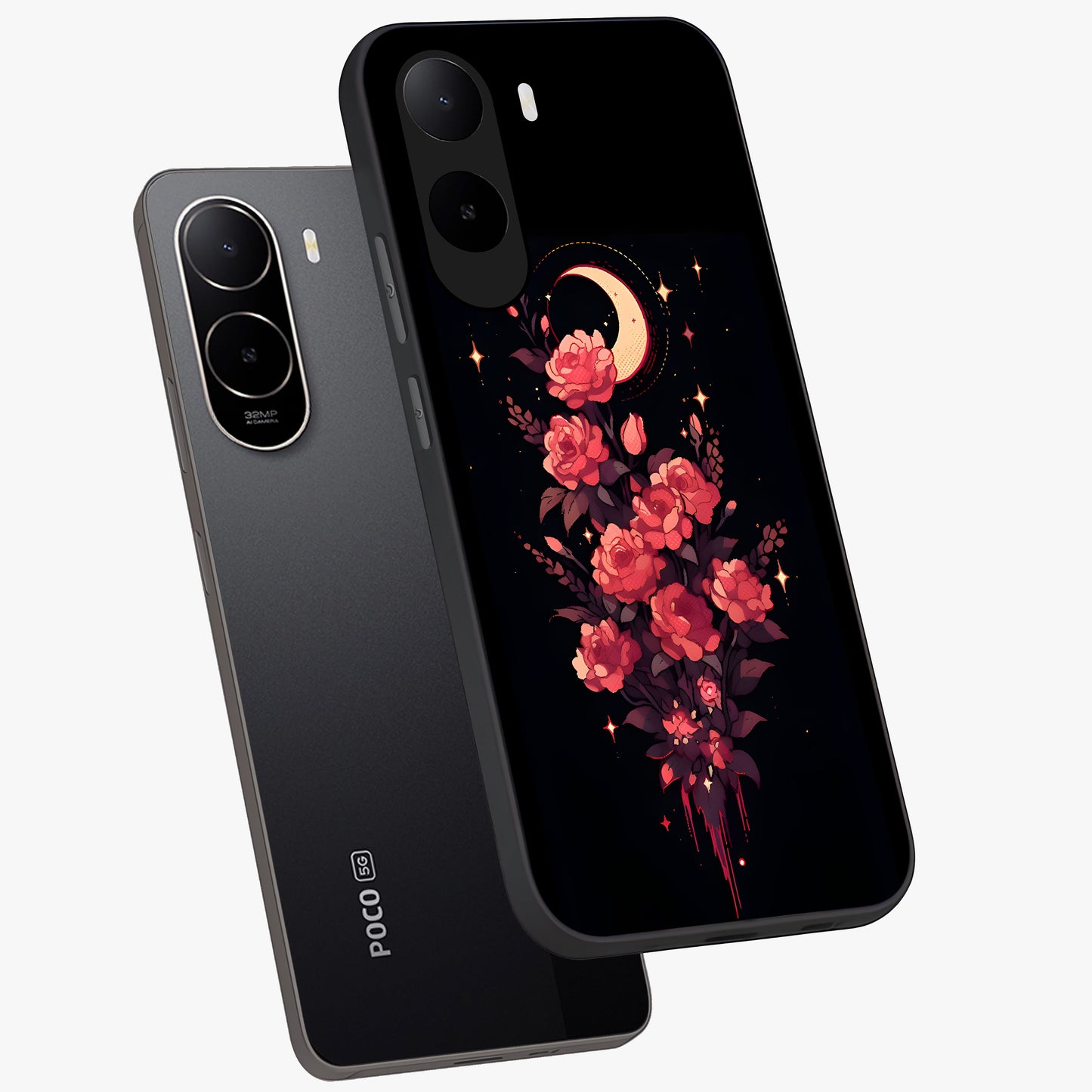 Moonlit Floral Elegance Glass Case displayed in angled mockup highlighting graceful flower design with soft moonlight aesthetic.