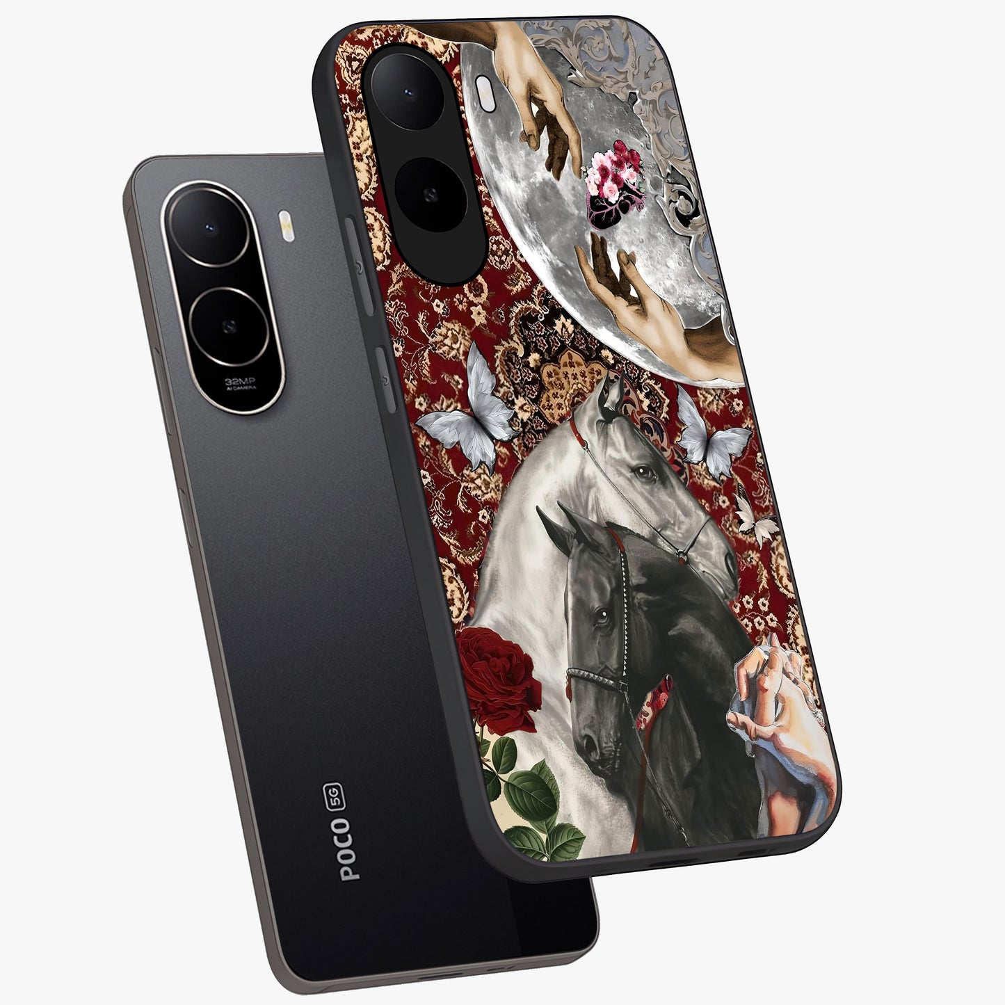 Moonlit Royal Stallion Glass Case displayed in angled mockup highlighting powerful stallion illustration with royal night aesthetic.