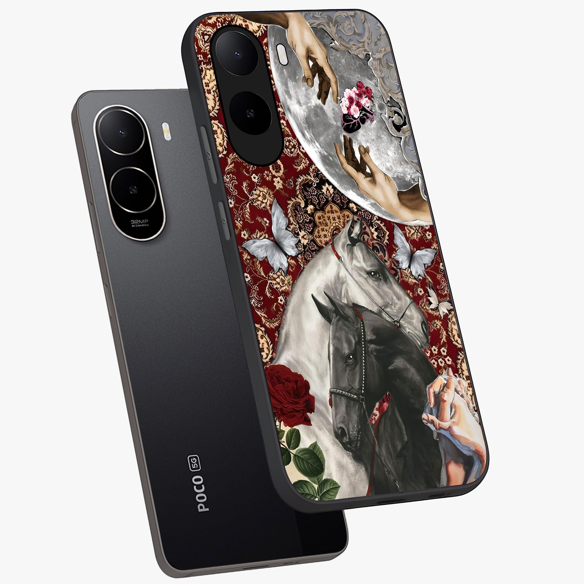 Moonlit Royal Stallion Glass Case displayed in angled mockup highlighting powerful stallion illustration with royal night aesthetic.