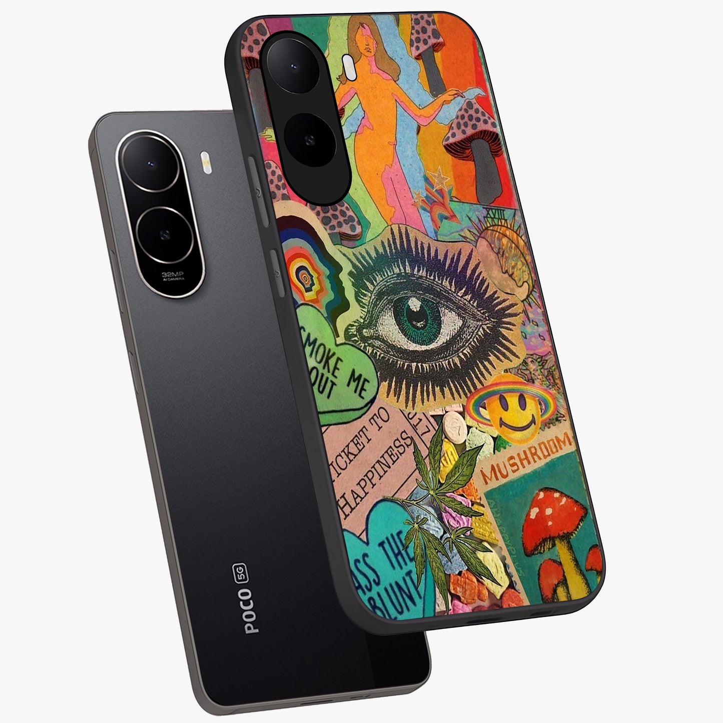 Mystic Eye Wonderland Glass Case displayed in angled mockup highlighting magical eye illustration with dreamy aesthetic.