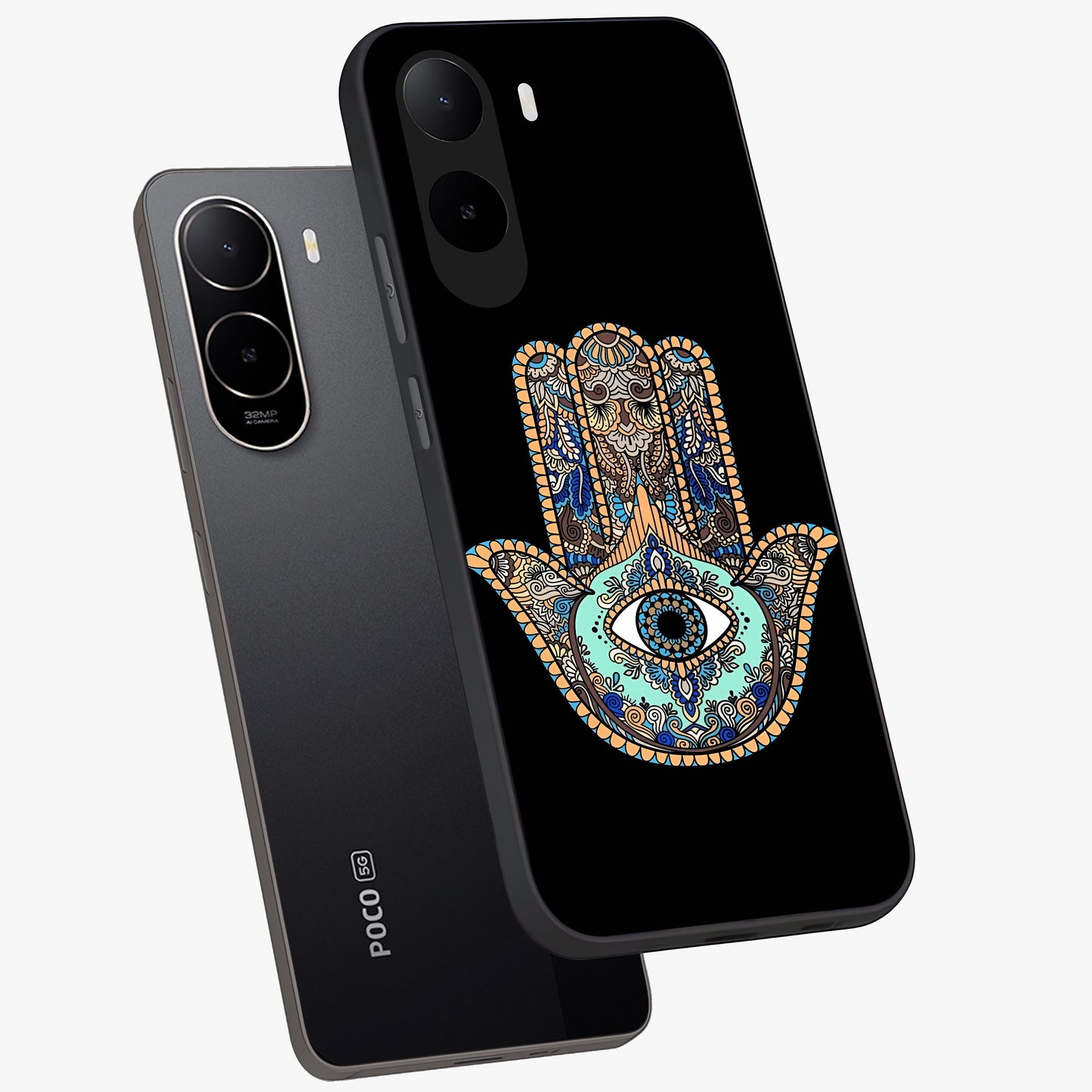 Mystic Hamsa Eye Glass Case displayed in angled mockup highlighting spiritual hamsa symbol with mystical aesthetic style.
