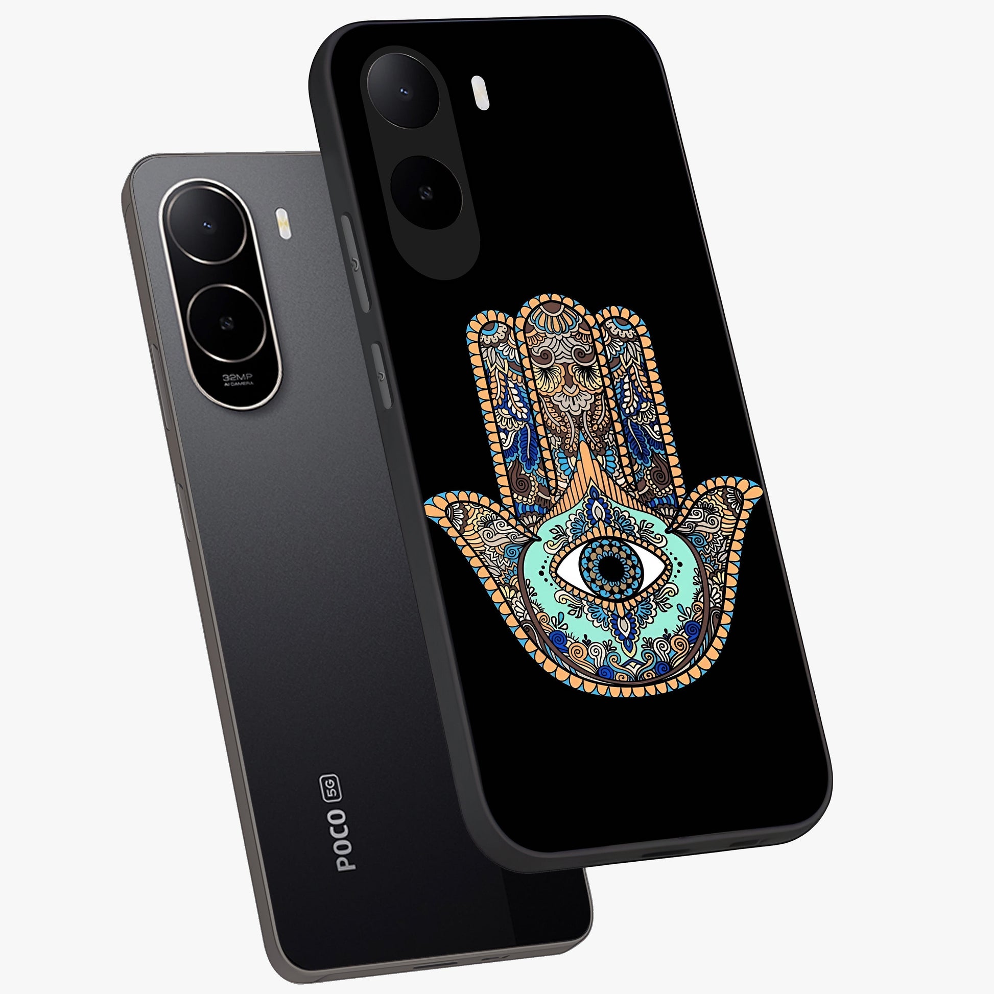 Mystic Hamsa Eye Glass Case displayed in angled mockup highlighting spiritual hamsa symbol with mystical aesthetic style.