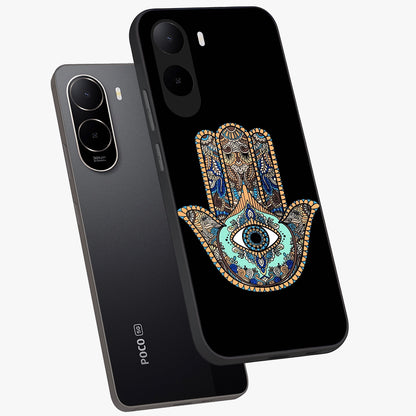 Mystic Hamsa Eye Glass Case displayed in angled mockup highlighting spiritual hamsa symbol with mystical aesthetic style.