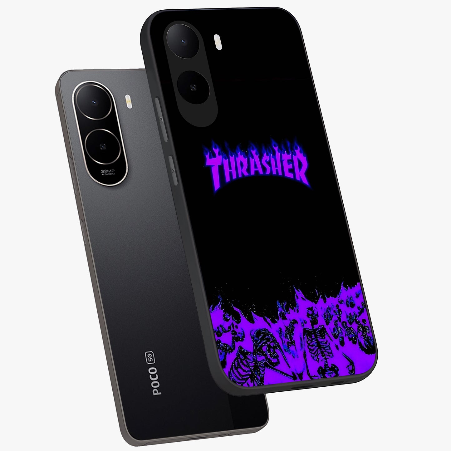 Neon Flame Riot Glass Case displayed in angled mockup highlighting glowing flame design with vibrant neon aesthetic.