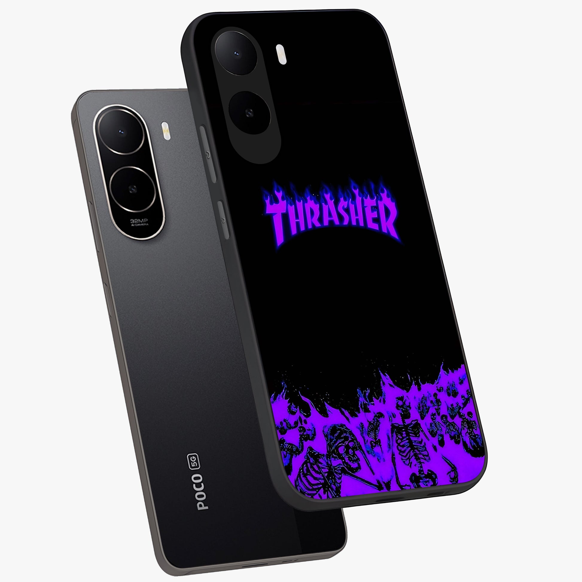 Neon Flame Riot Glass Case displayed in angled mockup highlighting glowing flame design with vibrant neon aesthetic.
