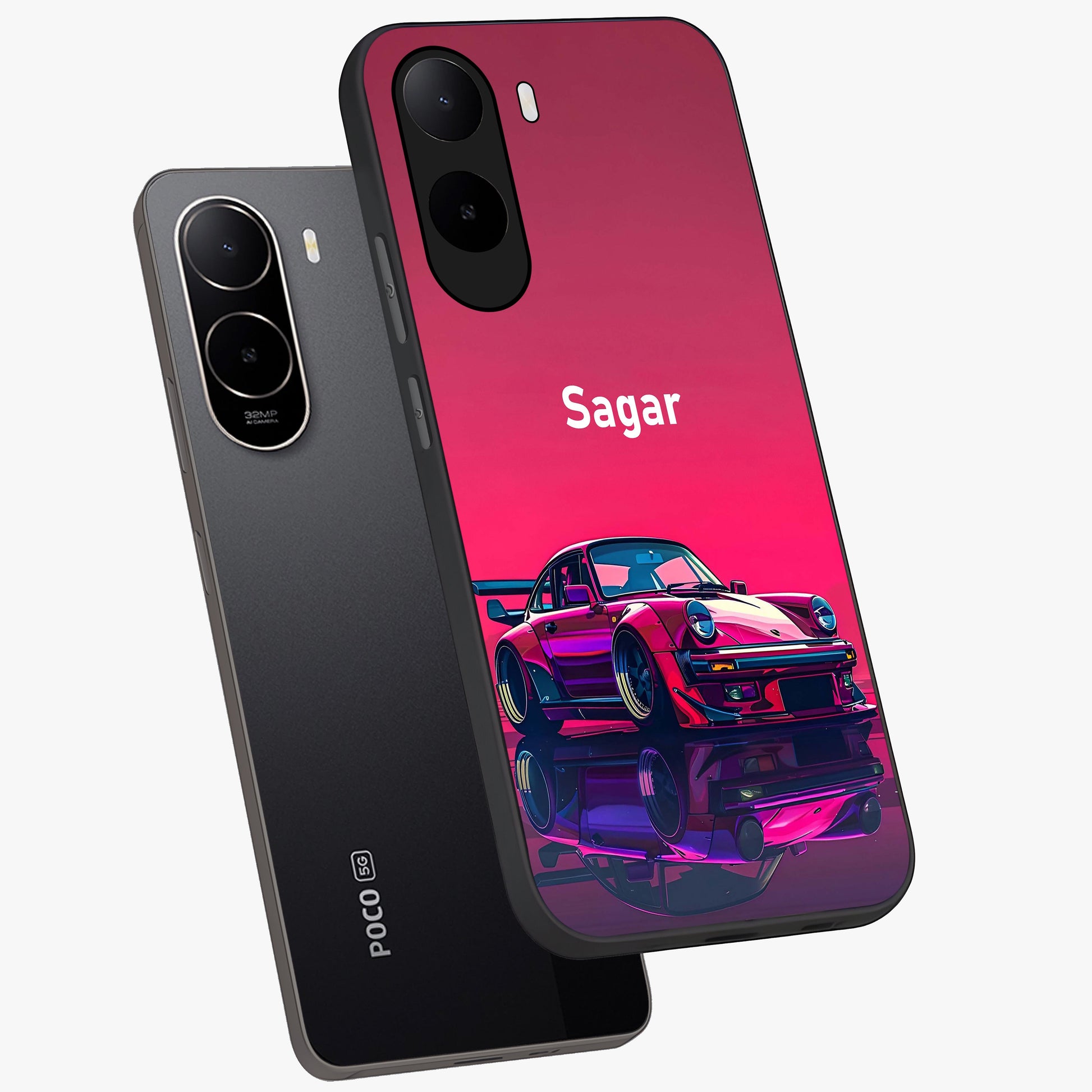 Neon Pink Porsche Glass Case displayed in angled mockup highlighting sleek neon pink car design with racing aesthetic.