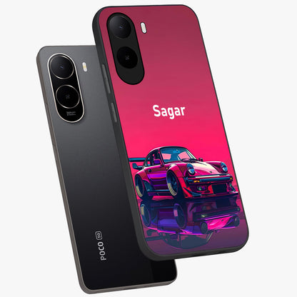Neon Pink Porsche Glass Case displayed in angled mockup highlighting sleek neon pink car design with racing aesthetic.