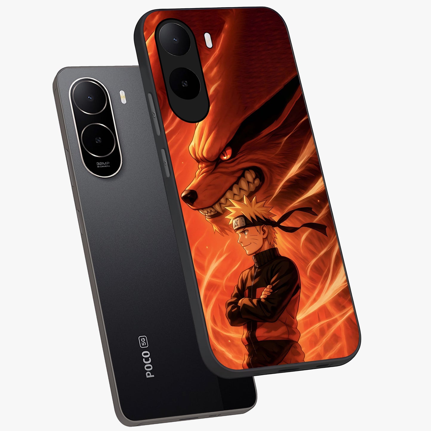 Nine Tails Legacy Glass Case displayed in angled mockup highlighting dynamic anime beast illustration with bold mystical aesthetic.