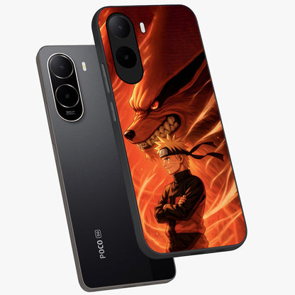 Nine Tails Legacy Glass Case displayed in angled mockup highlighting dynamic anime beast illustration with bold mystical aesthetic.