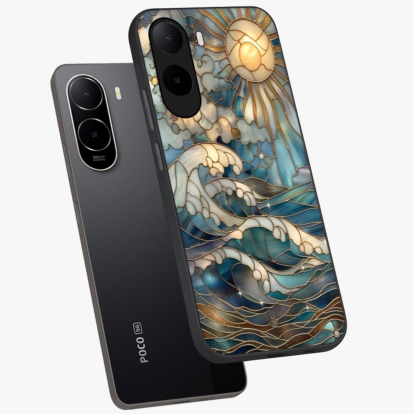 Oceanic Stained Printed Glass Case displayed in angled mockup highlighting colorful aquatic design with artistic aesthetic style.