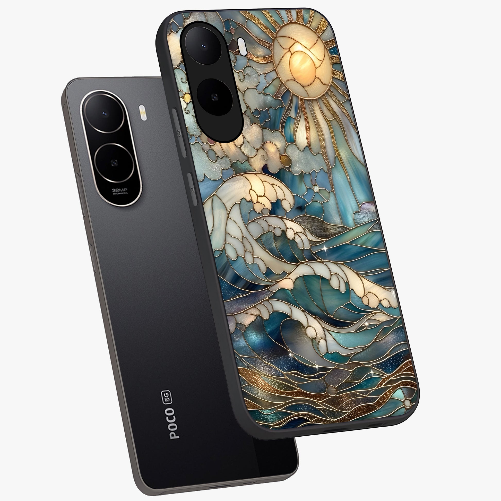 Oceanic Stained Printed Glass Case displayed in angled mockup highlighting colorful aquatic design with artistic aesthetic style.