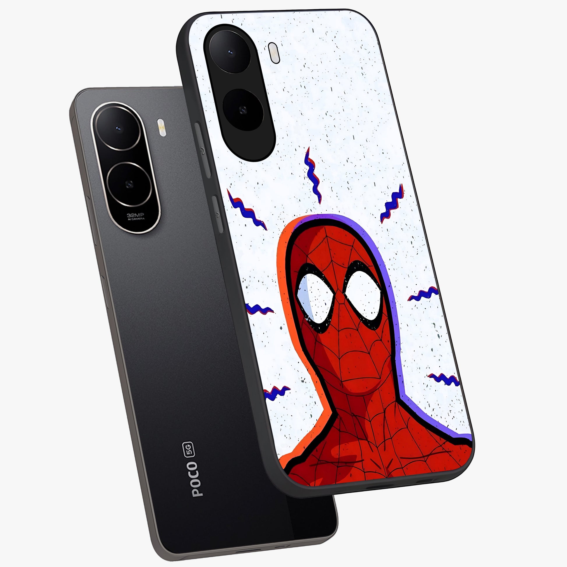 Omg Spiderman Glass Case displayed in angled mockup highlighting dynamic hero illustration with action comic aesthetic.