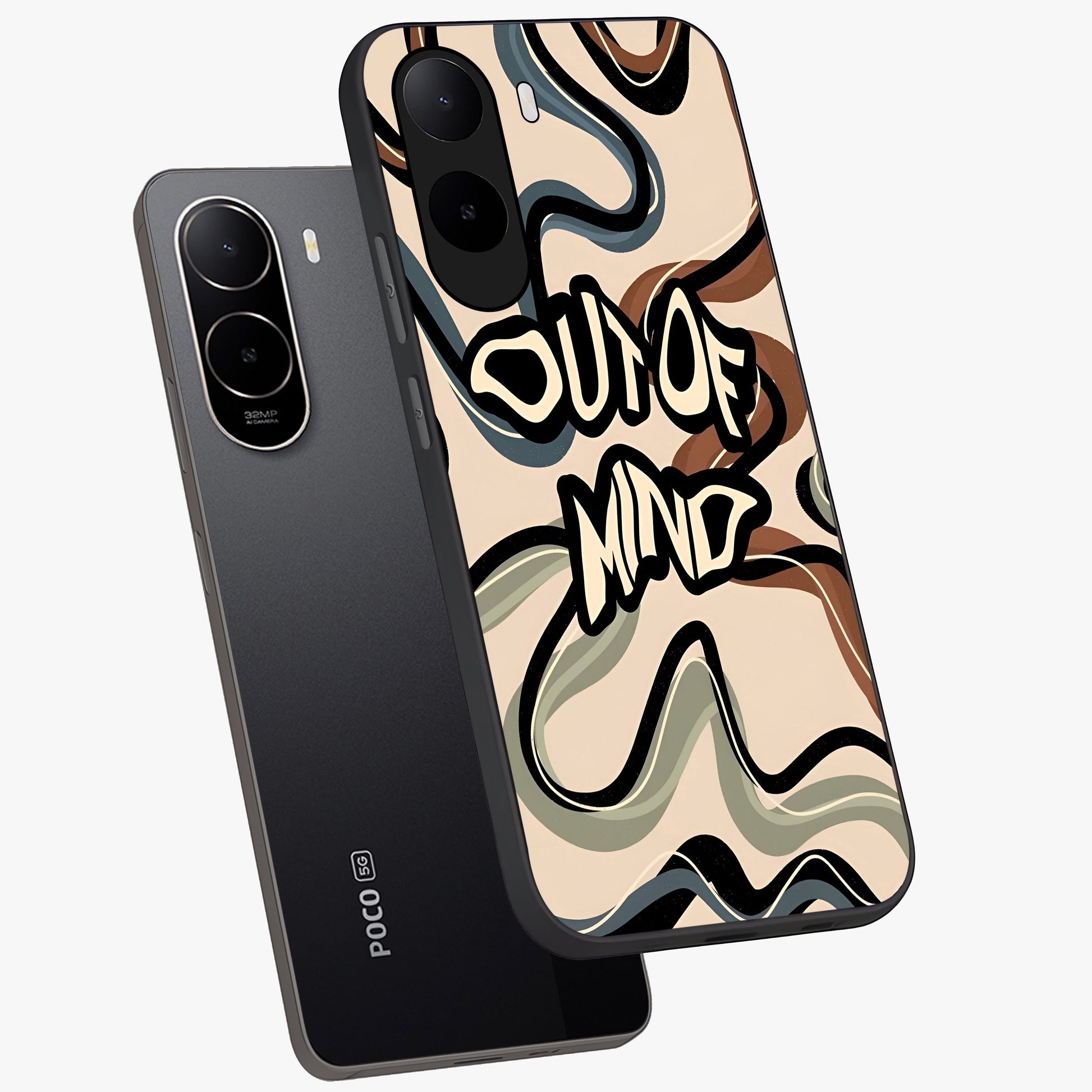 Out Of Mind Glass Case displayed in angled mockup highlighting bold statement design with modern artistic aesthetic.