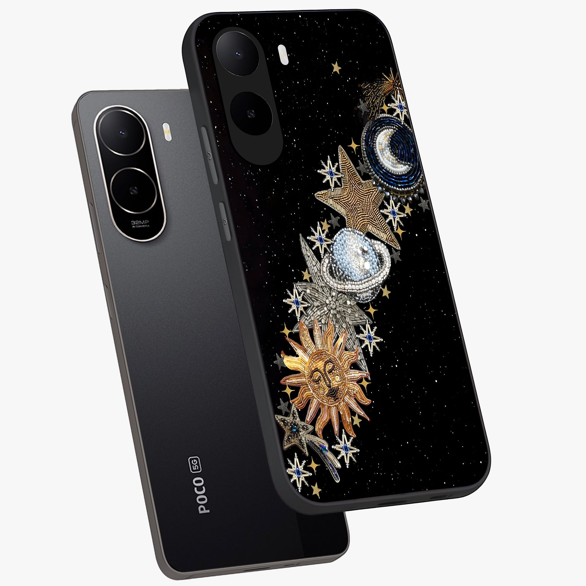 Pearls Universe Object Glass Case displayed in angled mockup highlighting celestial pearl design with dreamy aesthetic.