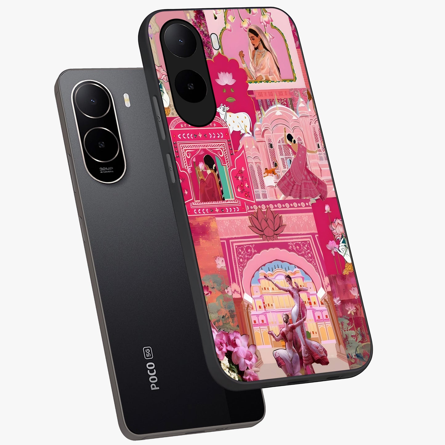 Pink Palace Muse Glass Case displayed in angled mockup highlighting dreamy palace illustration with soft pink aesthetic.