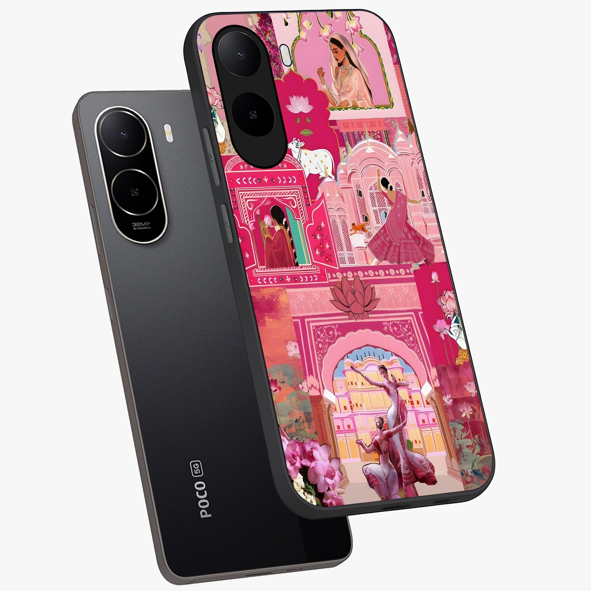 Pink Palace Muse Glass Case displayed in angled mockup highlighting dreamy palace illustration with soft pink aesthetic.