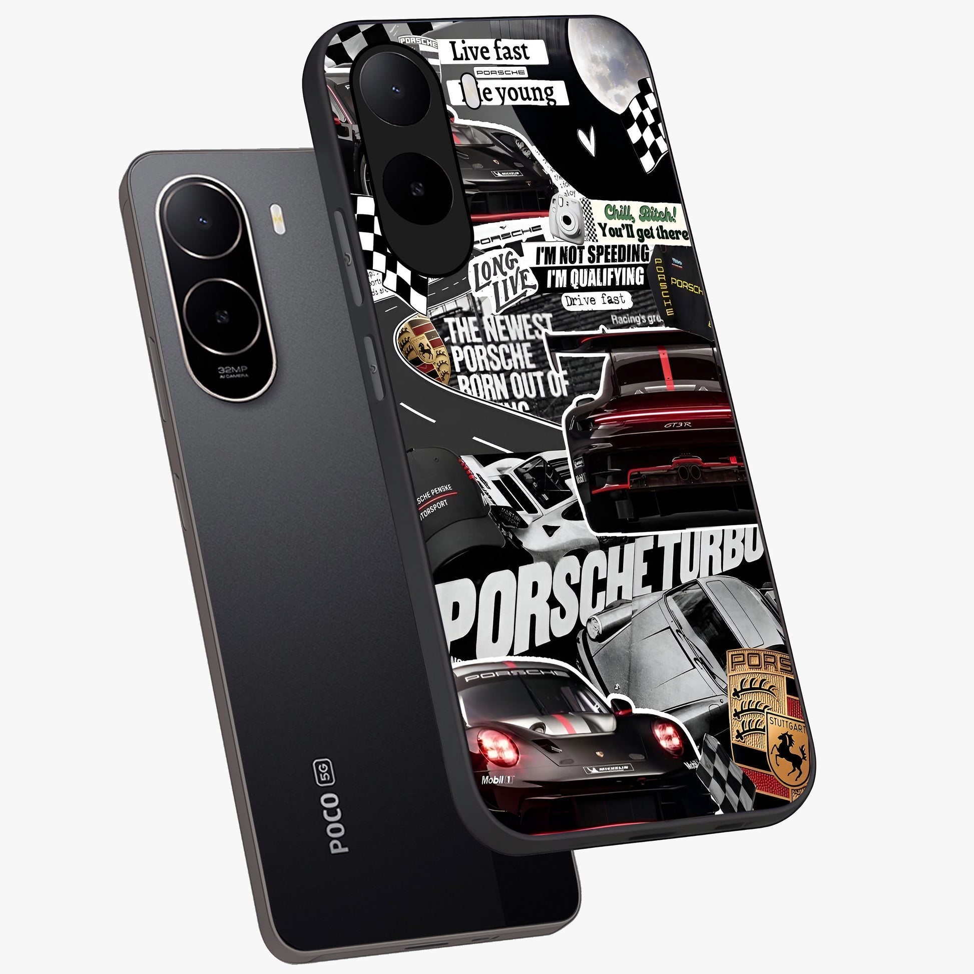 Porsche Racing Collage Glass Case displayed in angled mockup highlighting dynamic automotive design with bold racing aesthetic.