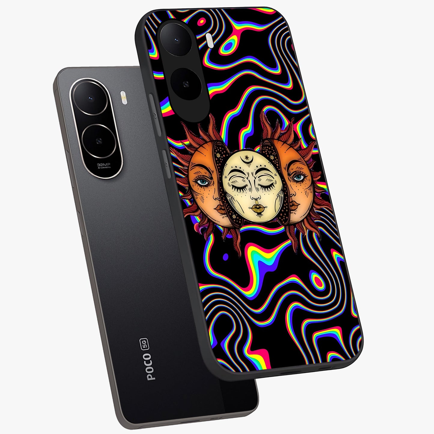 Psychedelic Sun Glass Case displayed in angled mockup highlighting vibrant abstract sun design with artistic aesthetic style.