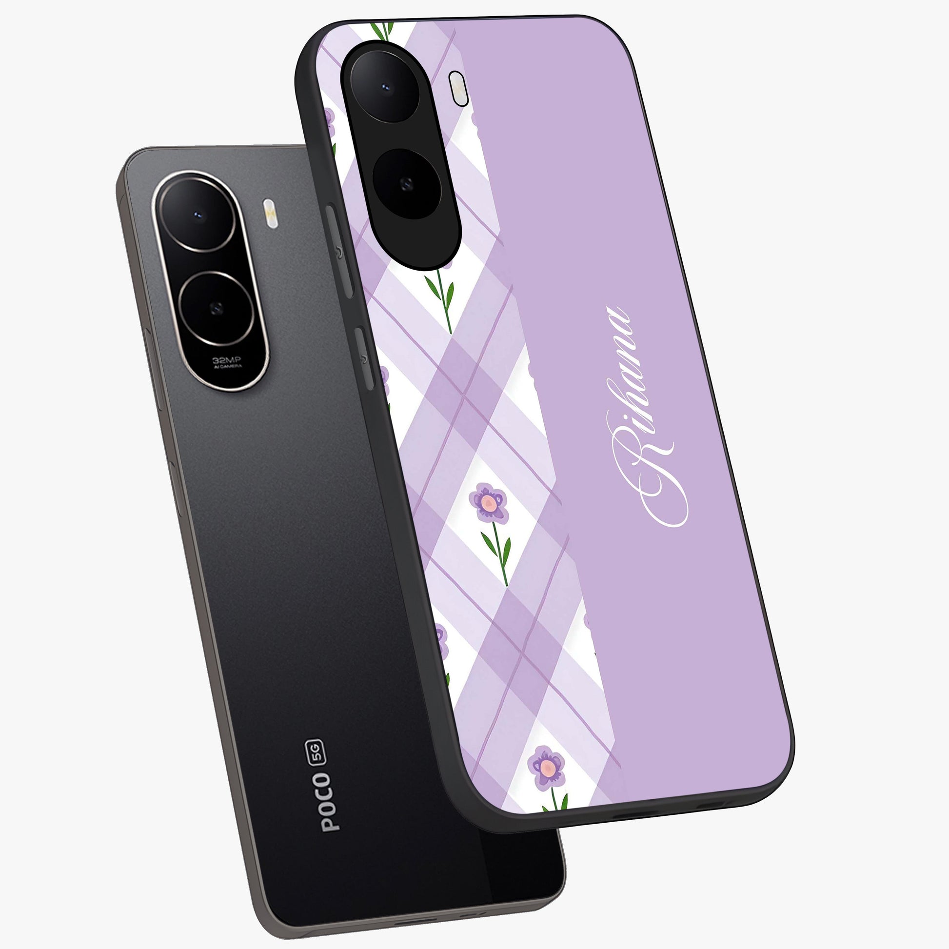 Purple Diamond Floral Glass Case displayed in angled mockup highlighting elegant purple flower design with decorative pattern.
