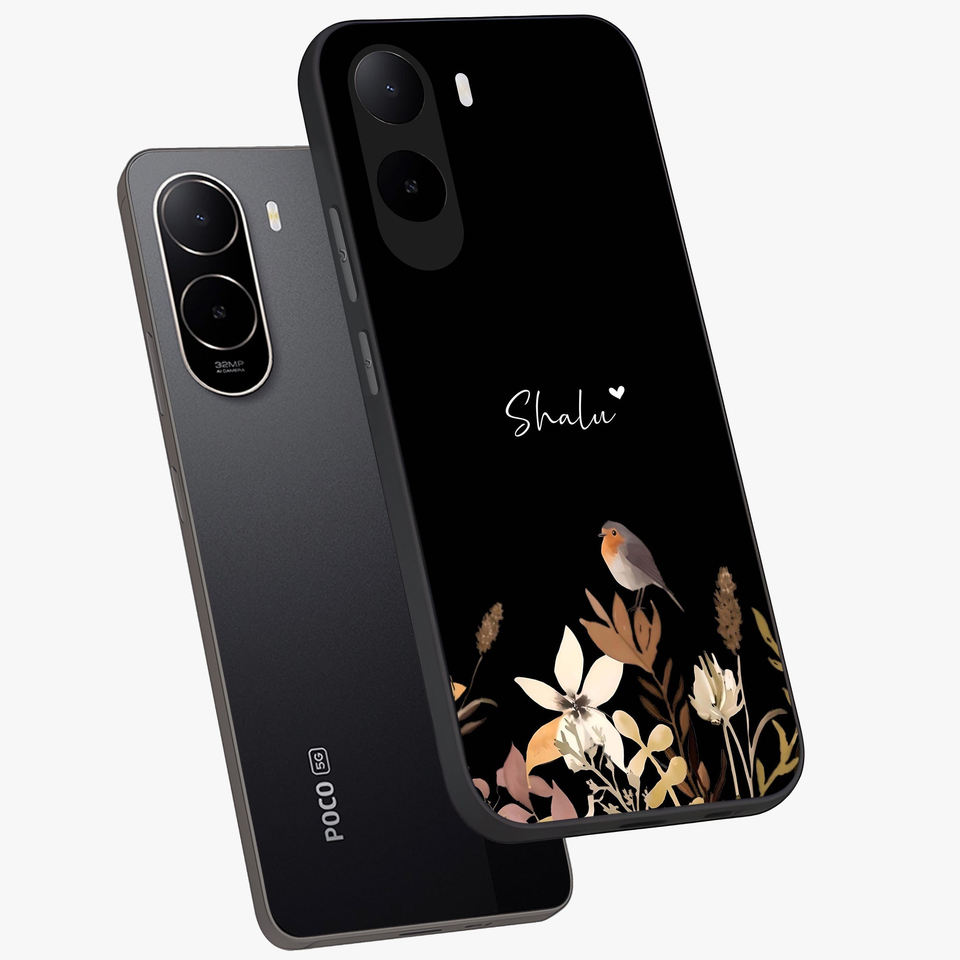 Quiet Garden Tune Custom Name Glass Case displayed in angled mockup highlighting delicate floral garden design with custom name feature.