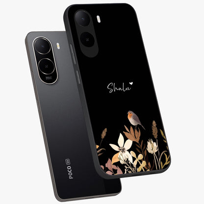 Quiet Garden Tune Custom Name Glass Case displayed in angled mockup highlighting delicate floral garden design with custom name feature.