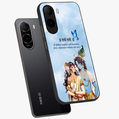 Radha Krishna Eternal Glass Case displayed in angled mockup highlighting divine Radha Krishna illustration with spiritual aesthetic.