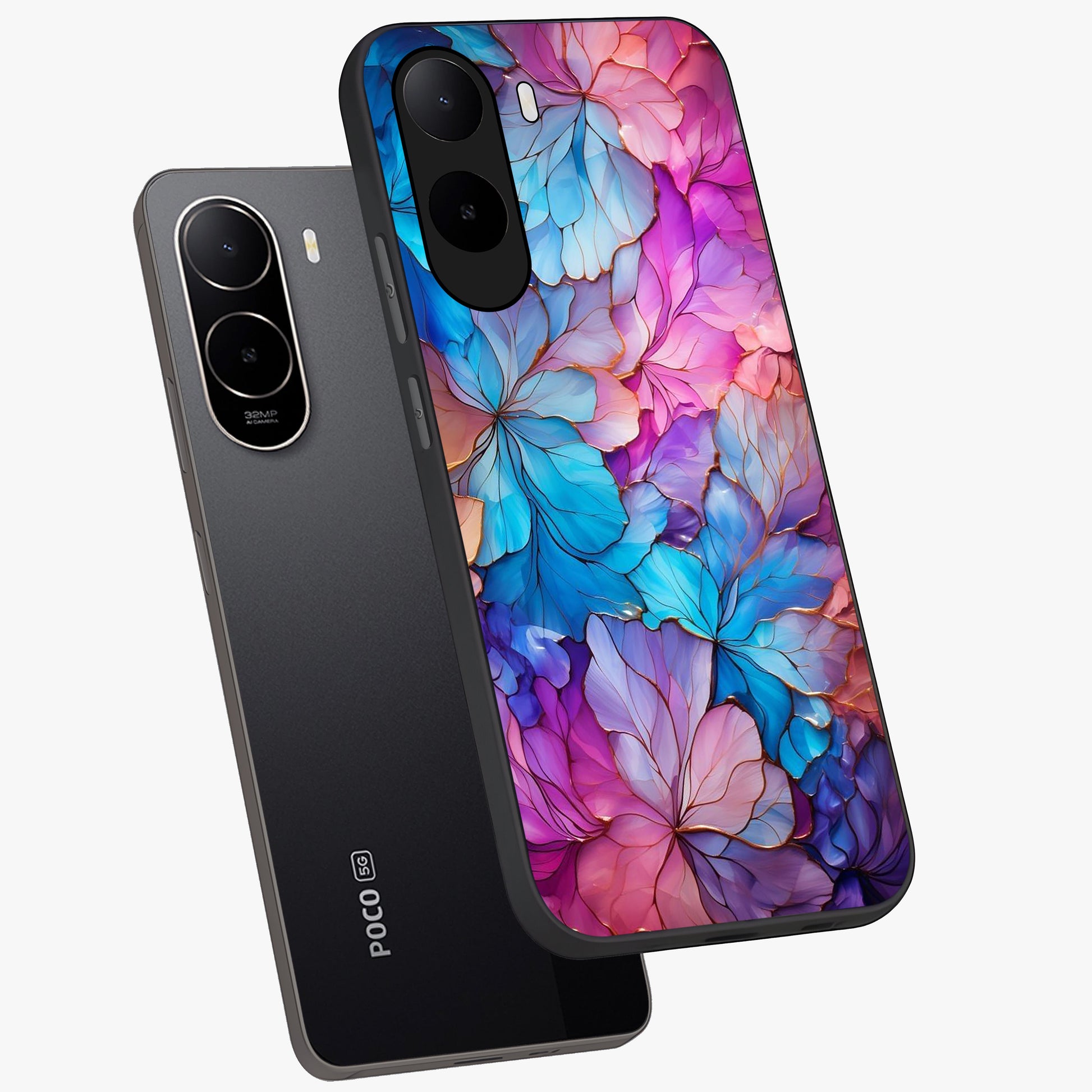 Radiant Floral Whirl Glass Case displayed in angled mockup highlighting vibrant flower pattern with dynamic artistic aesthetic.
