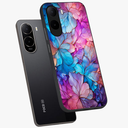 Radiant Floral Whirl Glass Case displayed in angled mockup highlighting vibrant flower pattern with dynamic artistic aesthetic.