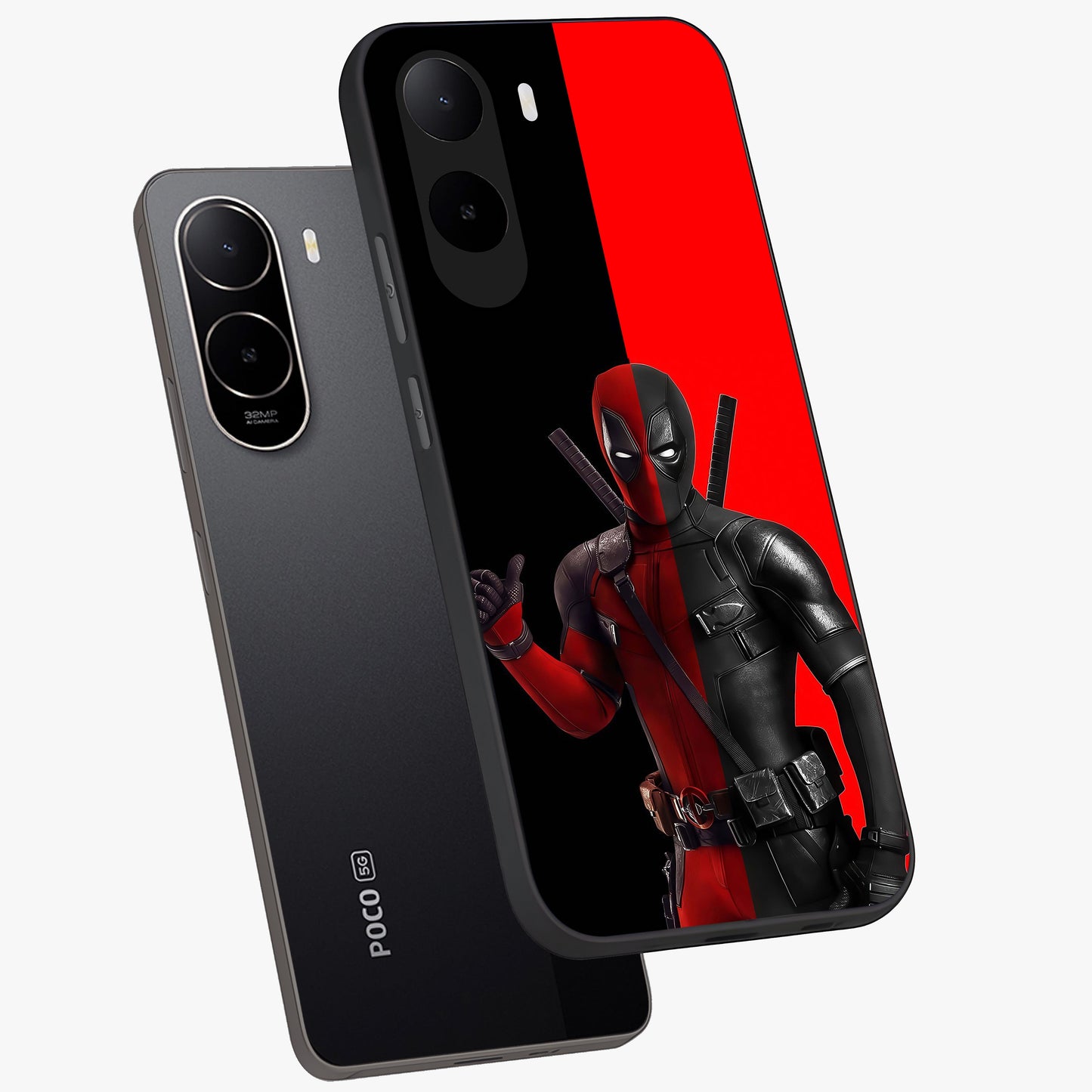 Red & Black Deadpool Theme Glass Case displayed in angled mockup highlighting vibrant superhero style illustration with action aesthetic.