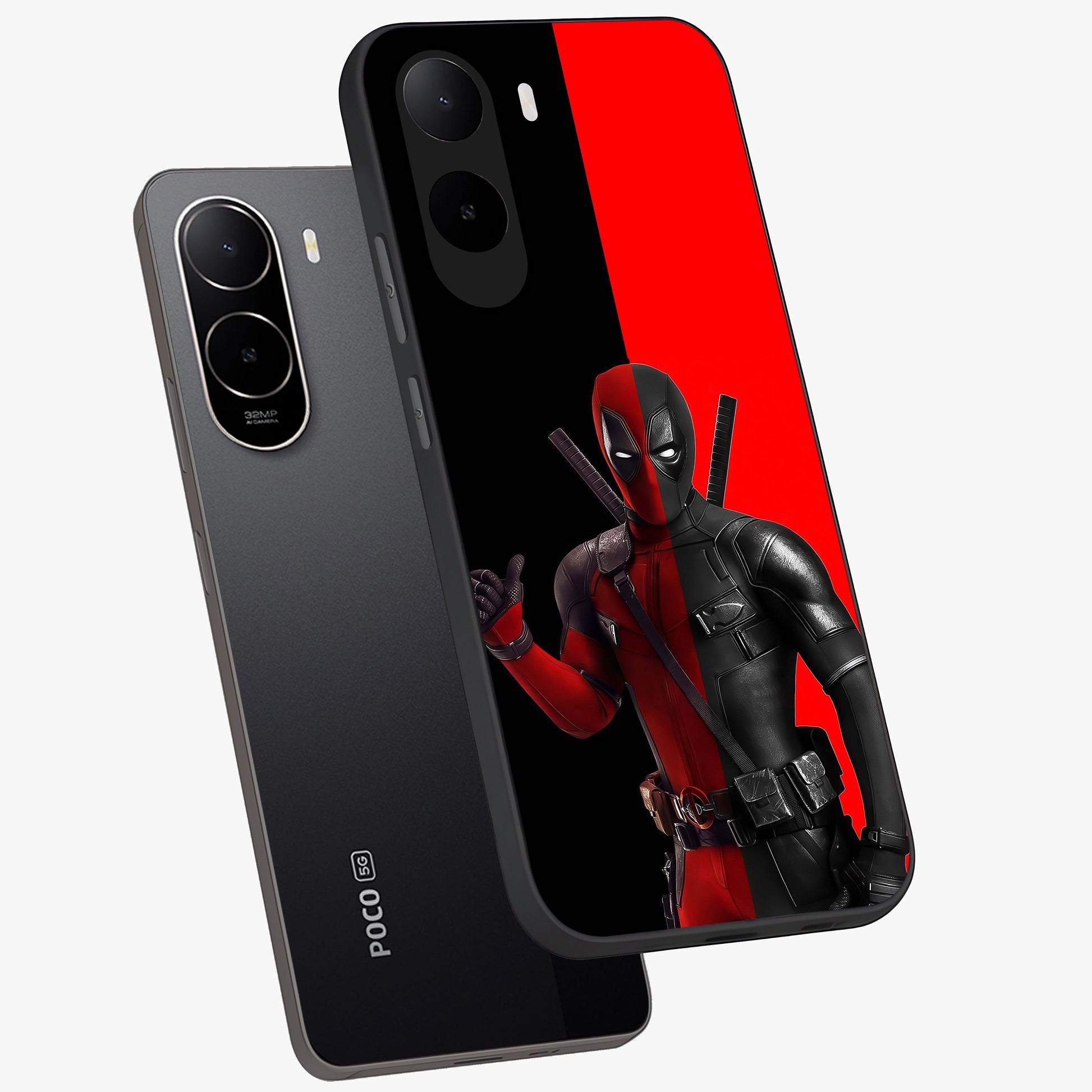 Red & Black Deadpool Theme Glass Case displayed in angled mockup highlighting vibrant superhero style illustration with action aesthetic.