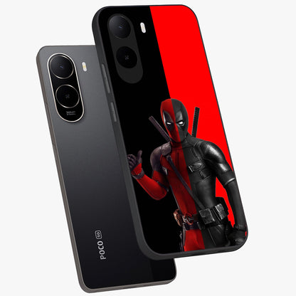 Red & Black Deadpool Theme Glass Case displayed in angled mockup highlighting vibrant superhero style illustration with action aesthetic.