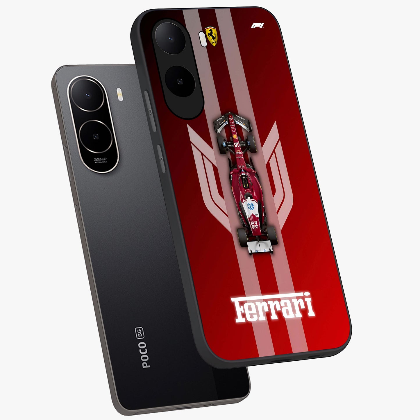 Red Ferrari F1 Vertical Glass Case displayed in angled mockup highlighting high speed racing design with bold automotive aesthetic.