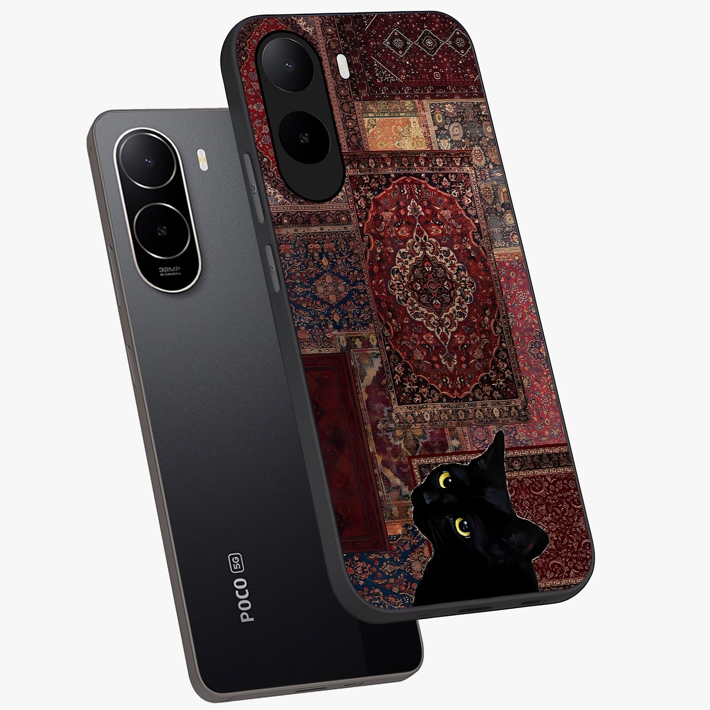 Regal Magic Cat Apple Glass Case displayed in angled mockup highlighting whimsical feline design with fantasy aesthetic.