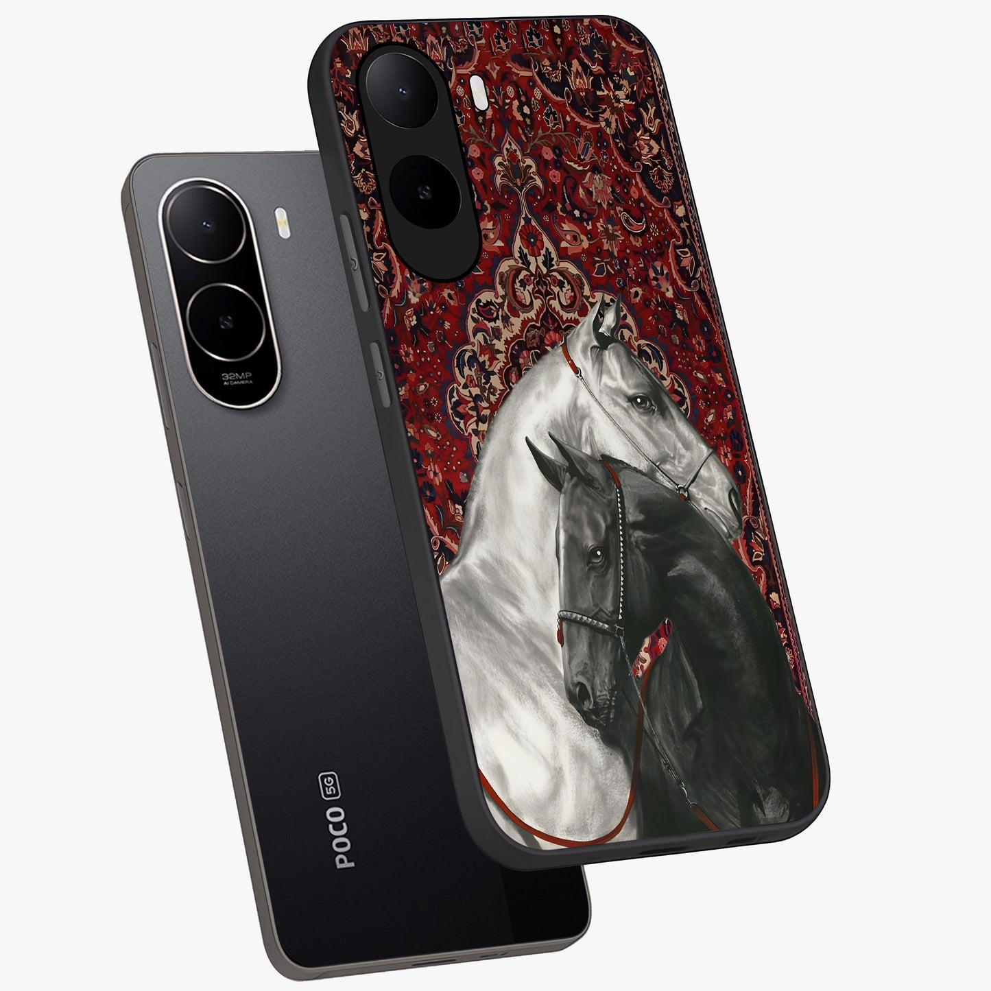 Regal Stallion Tapestry Glass Case displayed in angled mockup highlighting royal stallion design with decorative heritage aesthetic.