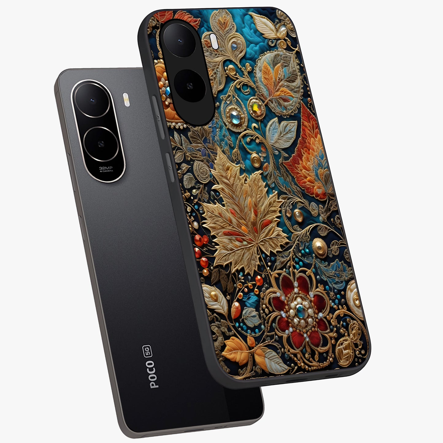 Royal Jewel Garden Glass Case displayed in angled mockup highlighting vibrant jewel inspired floral design with elegant aesthetic.