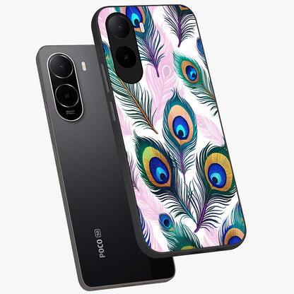 Royal Peacock Feathers Glass Case displayed in angled mockup highlighting vibrant feather pattern with regal aesthetic style.