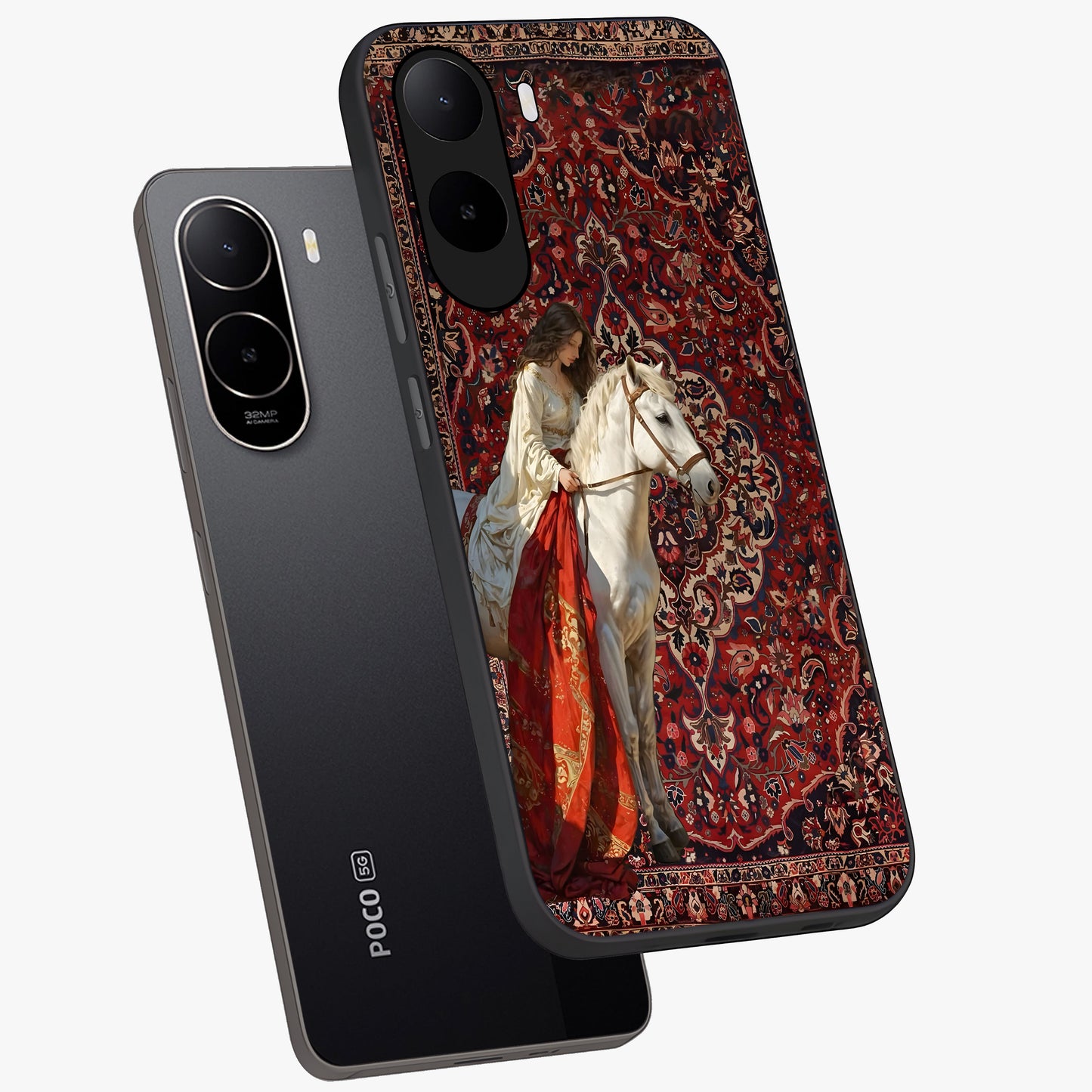 Royal Rider Tapestry Glass Case displayed in angled mockup highlighting traditional tapestry design with royal heritage aesthetic.