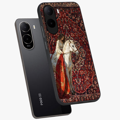 Royal Rider Tapestry Glass Case displayed in angled mockup highlighting traditional tapestry design with royal heritage aesthetic.