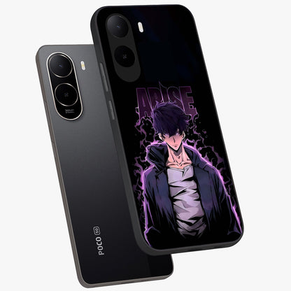 Shadow Monarch Awakening Glass Case displayed in angled mockup highlighting dramatic shadow warrior design with fantasy aesthetic.
