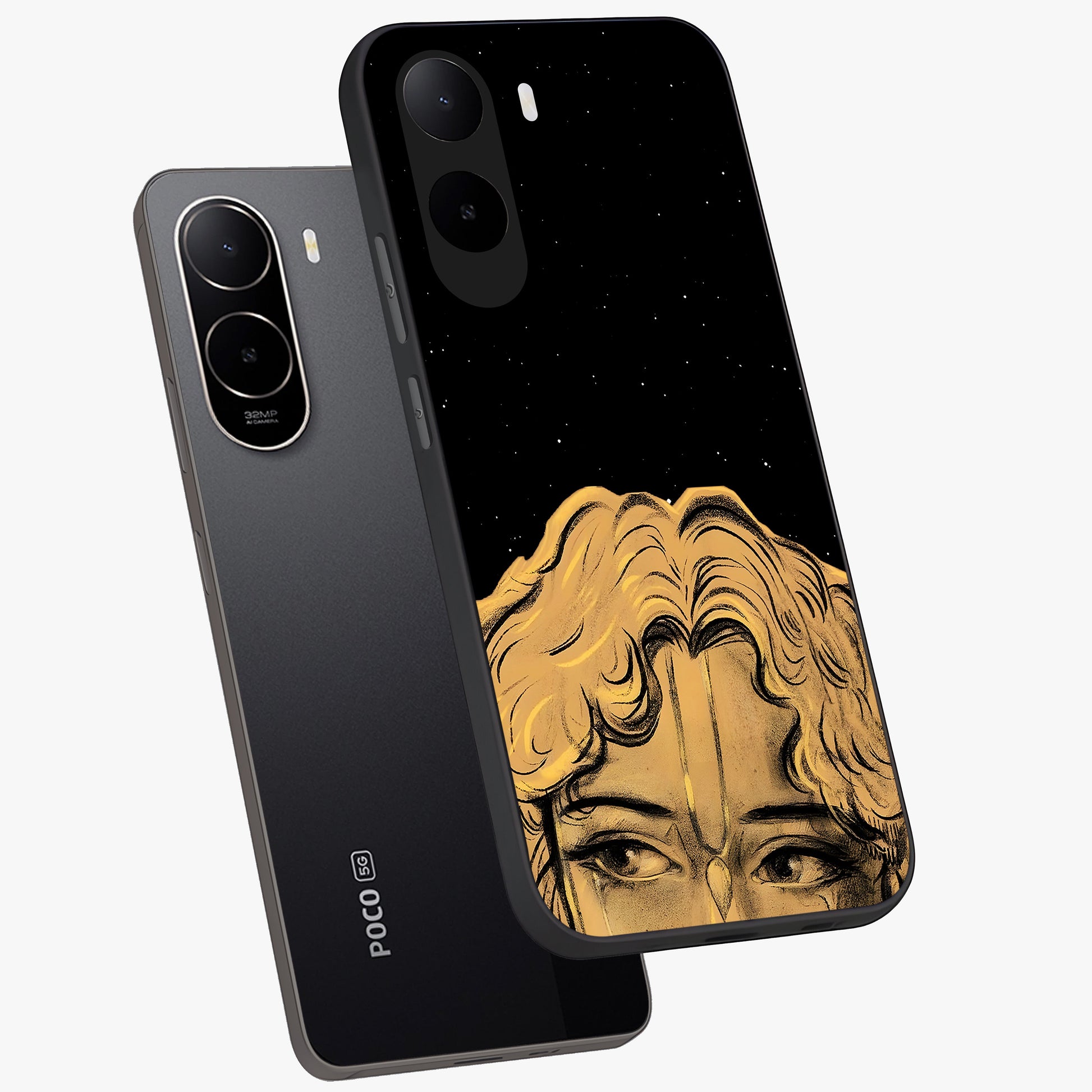 Shri Krishna Art Glass Case displayed in angled mockup highlighting spiritual Krishna illustration with divine aesthetic.