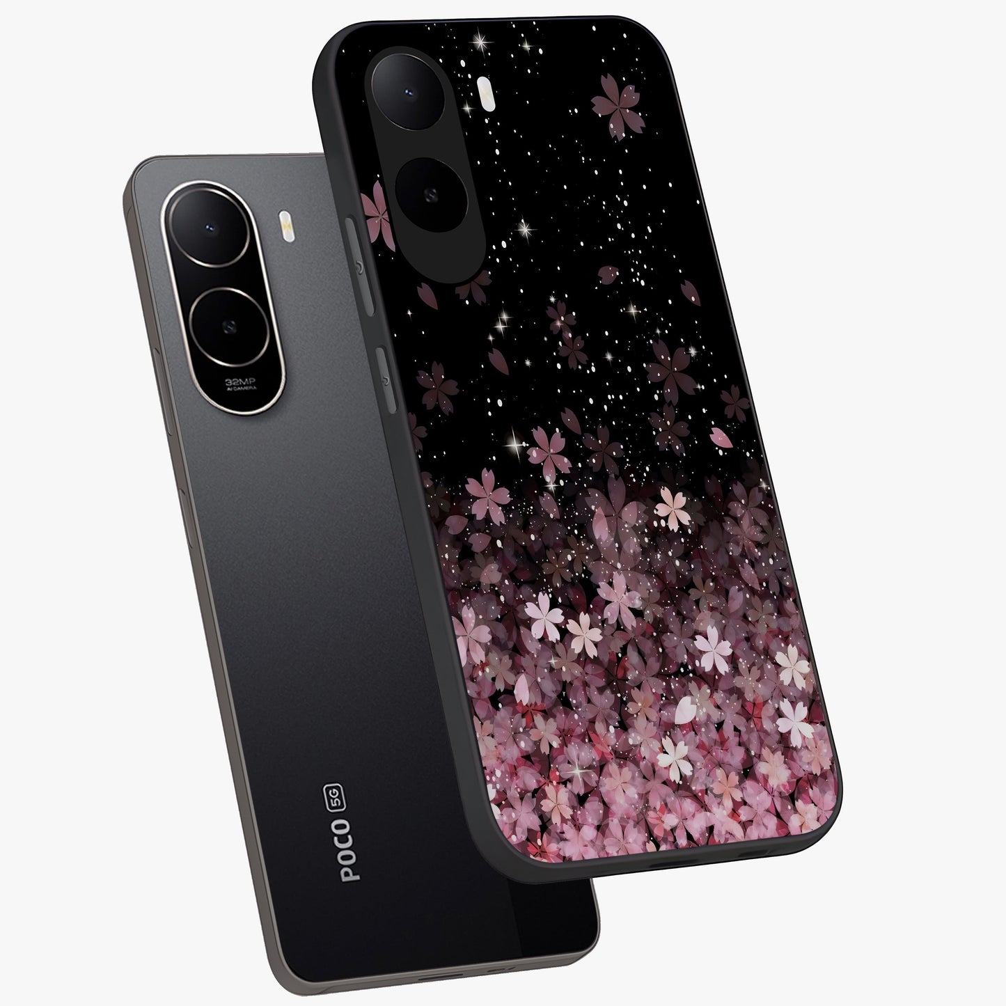 Small Starry Flowers Glass Case displayed in angled mockup highlighting tiny flower pattern with celestial aesthetic style.