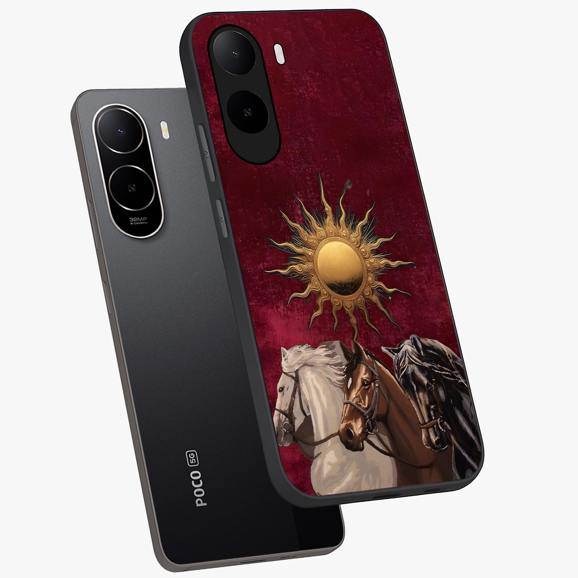 Solar Riders Glass Case displayed in angled mockup highlighting powerful rider illustration with radiant solar aesthetic.