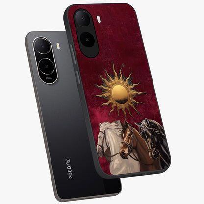 Solar Riders Glass Case displayed in angled mockup highlighting powerful rider illustration with radiant solar aesthetic.