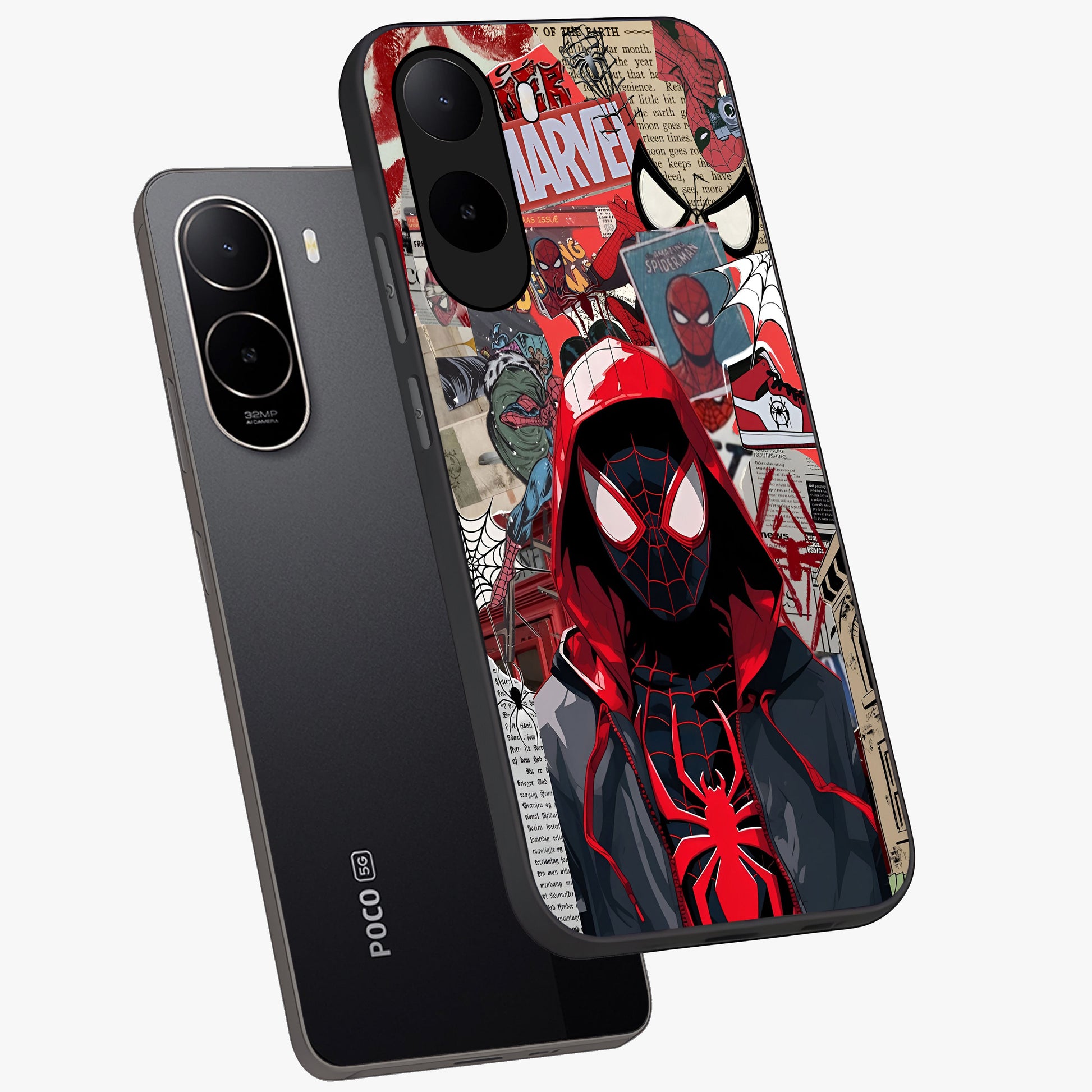 Spider Collage Street Glass Case displayed in angled mockup highlighting dynamic street style collage design with comic aesthetic.