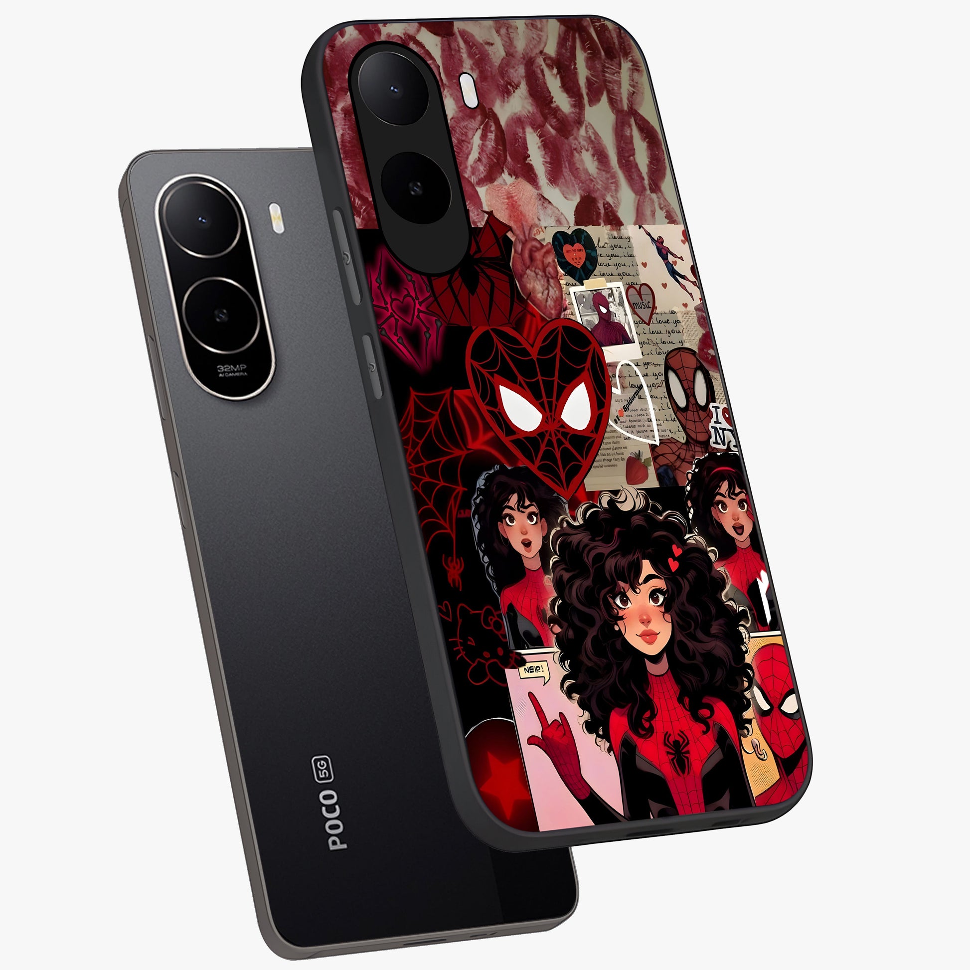Spider Love Story Glass Case displayed in angled mockup highlighting expressive comic inspired design with playful aesthetic.