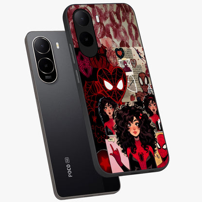 Spider Love Story Glass Case displayed in angled mockup highlighting expressive comic inspired design with playful aesthetic.
