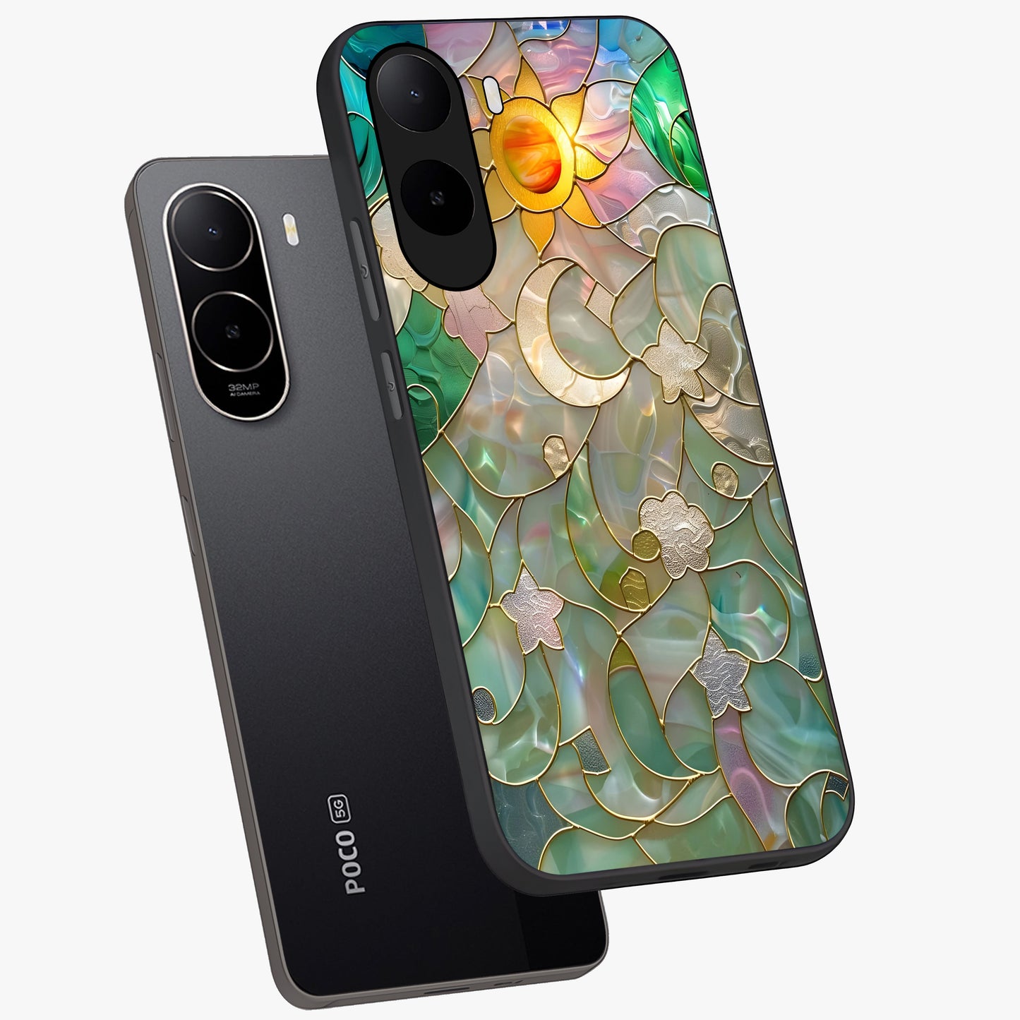 Stained Sunrise Glow Glass Case displayed in angled mockup highlighting radiant sunrise design with artistic aesthetic style.
