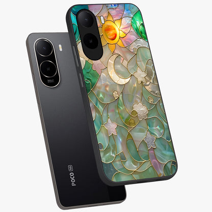 Stained Sunrise Glow Glass Case displayed in angled mockup highlighting radiant sunrise design with artistic aesthetic style.