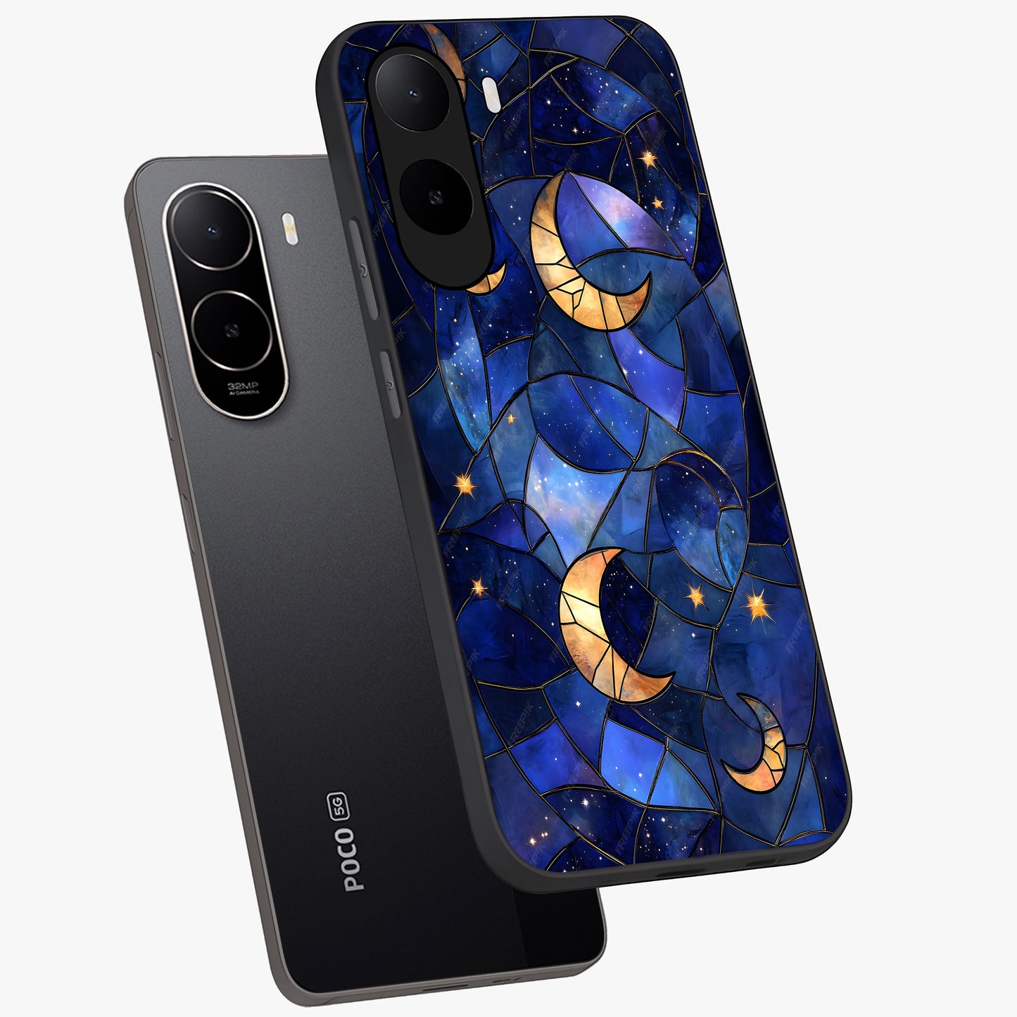 Starlit Sky Tapestry Glass Case displayed in angled mockup highlighting celestial night pattern with artistic aesthetic style.