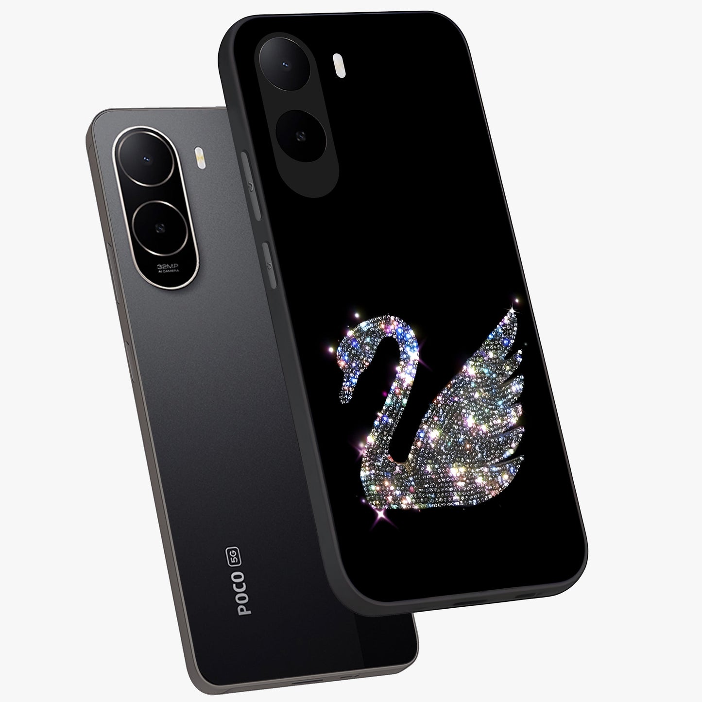 Starlit Swan Grace Glass Case displayed in angled mockup highlighting elegant swan illustration with dreamy celestial aesthetic.